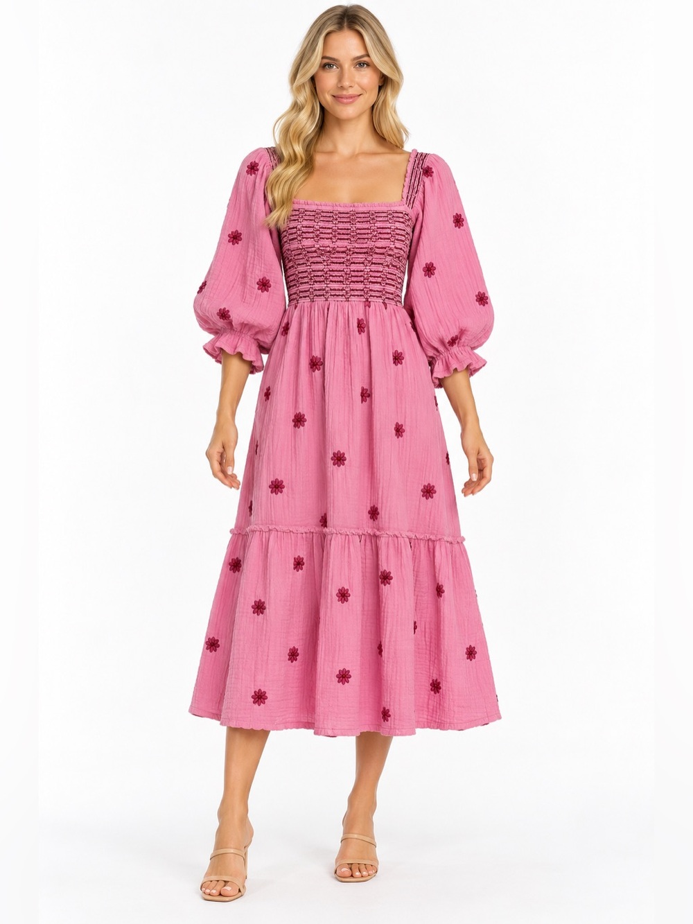 Free People Size XS Pink Smocked Square-Neck Midi Dress with Puff Sleeves